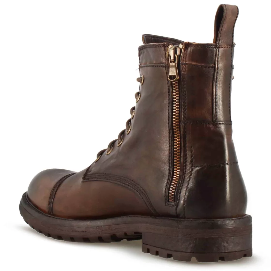 Shop Leonardo Shoes Anfibio Da Uomo In Pelle Con Allacciatura E Cerniera Marrone Scuro