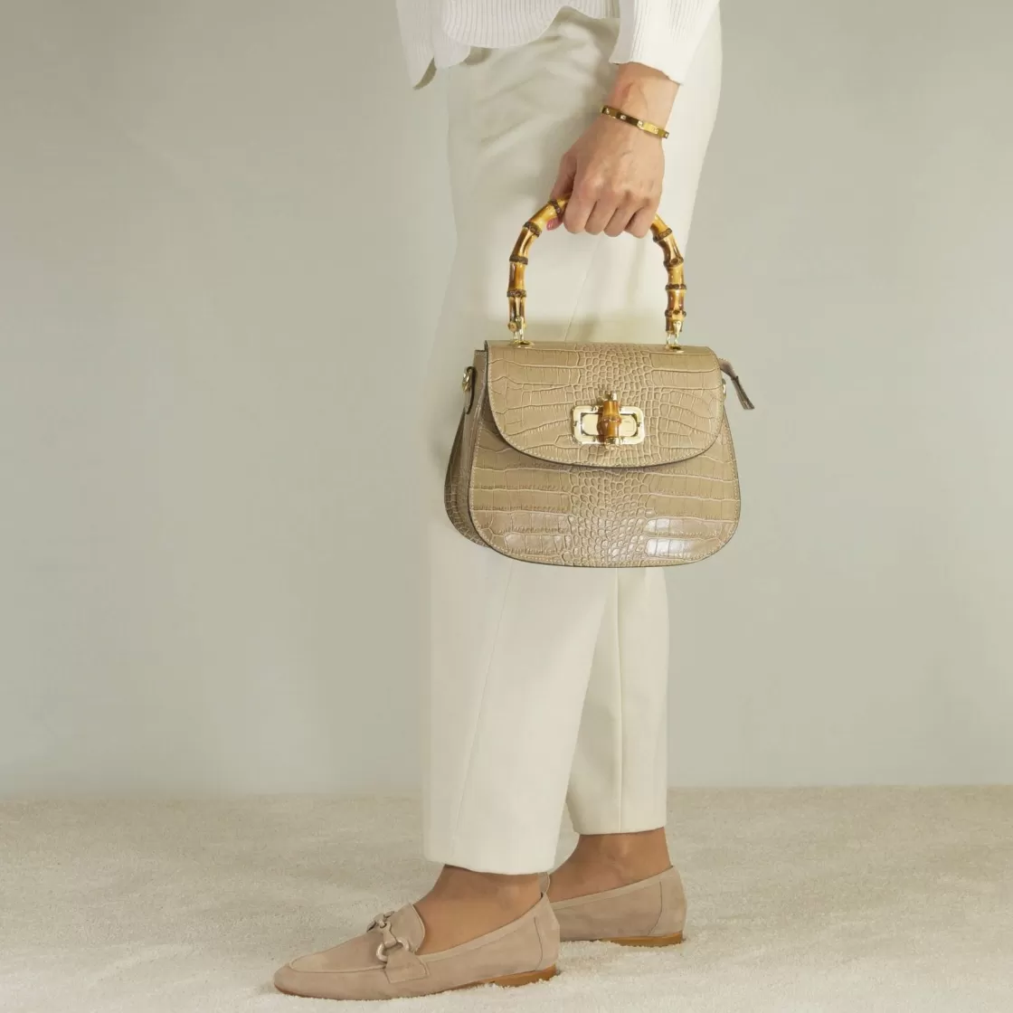 New Leonardo Shoes Borsa A Mano Artigianale Da Donna In Pelle Con Tracolla Rimovibile Beige