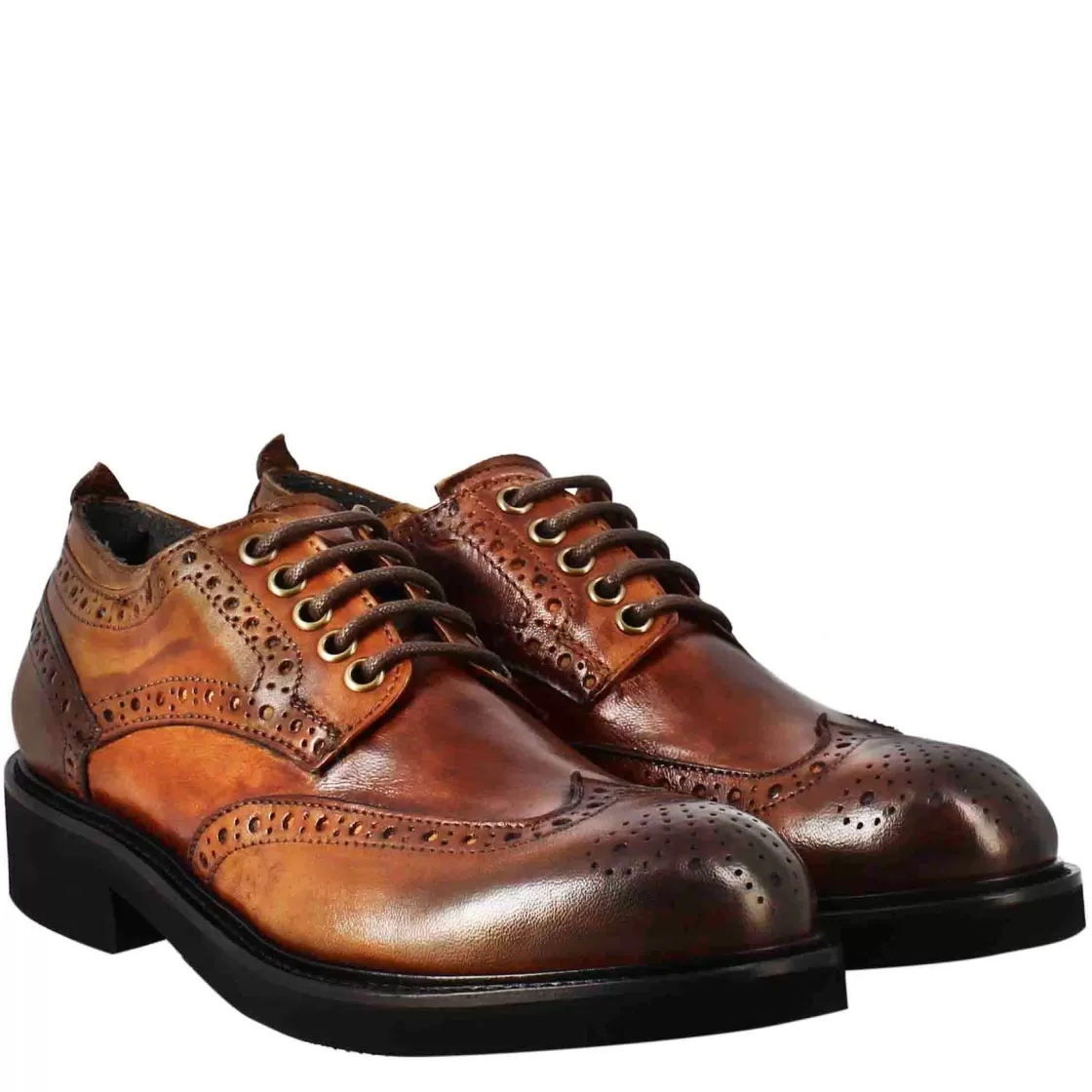 Sale Leonardo Shoes Derby Da Donna Con Dettagli Brogue Paupa In Pelle Lavata Cuoio Scuro Marrone
