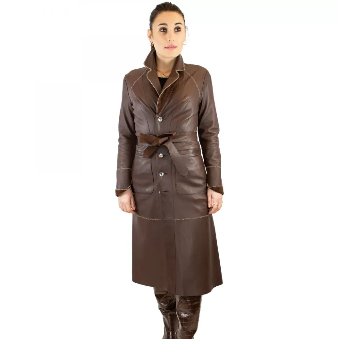 Flash Sale Leonardo Shoes Giacca Reversibile Lunga Elegante Da Donna Fatta A Mano In Pelle Con Cintura Marrone