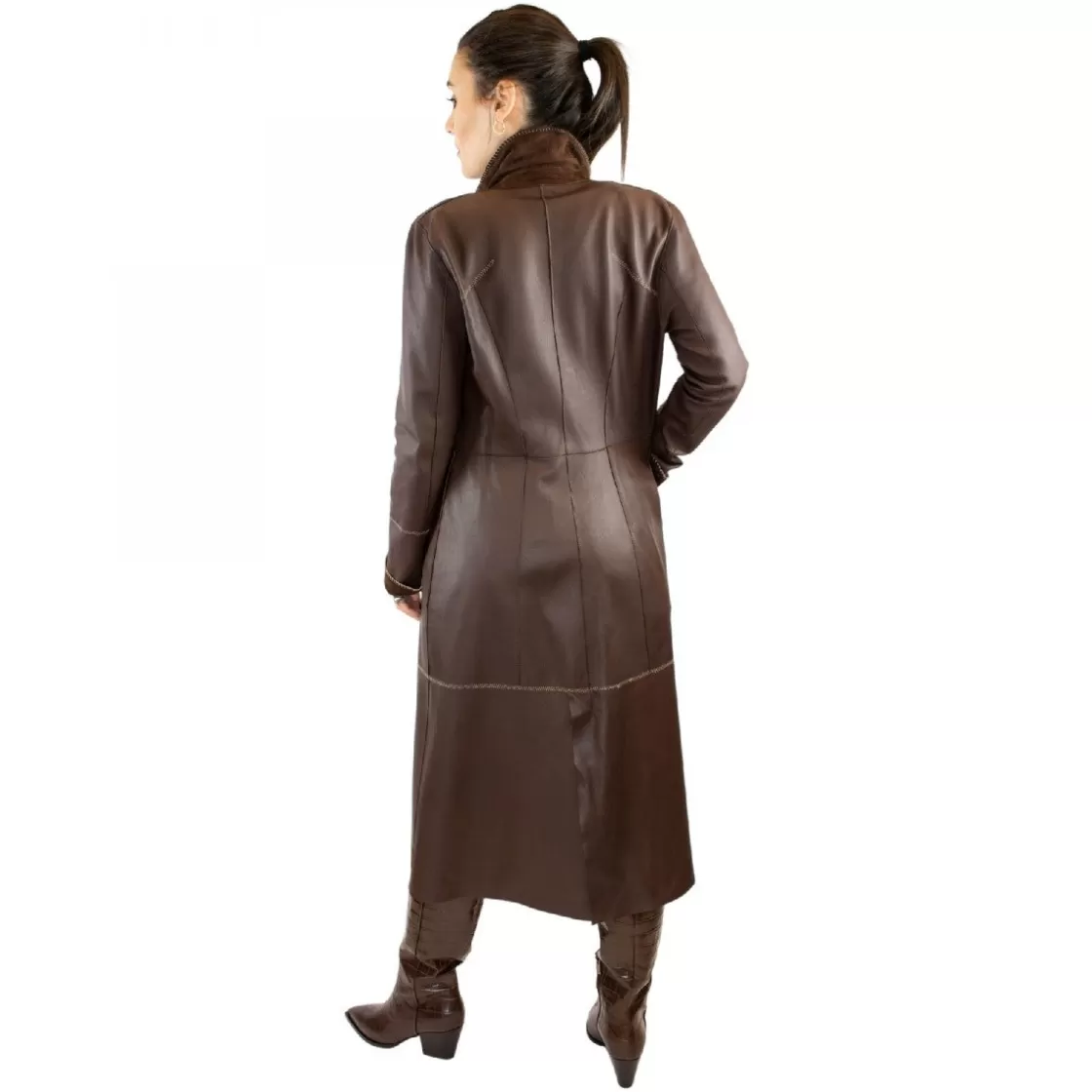 Flash Sale Leonardo Shoes Giacca Reversibile Lunga Elegante Da Donna Fatta A Mano In Pelle Con Cintura Marrone