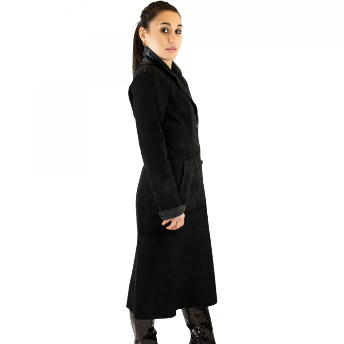 Online Leonardo Shoes Giacca Reversibile Lunga Elegante Da Donna Fatta A Mano In Pelle Nera Con Cintura Nero