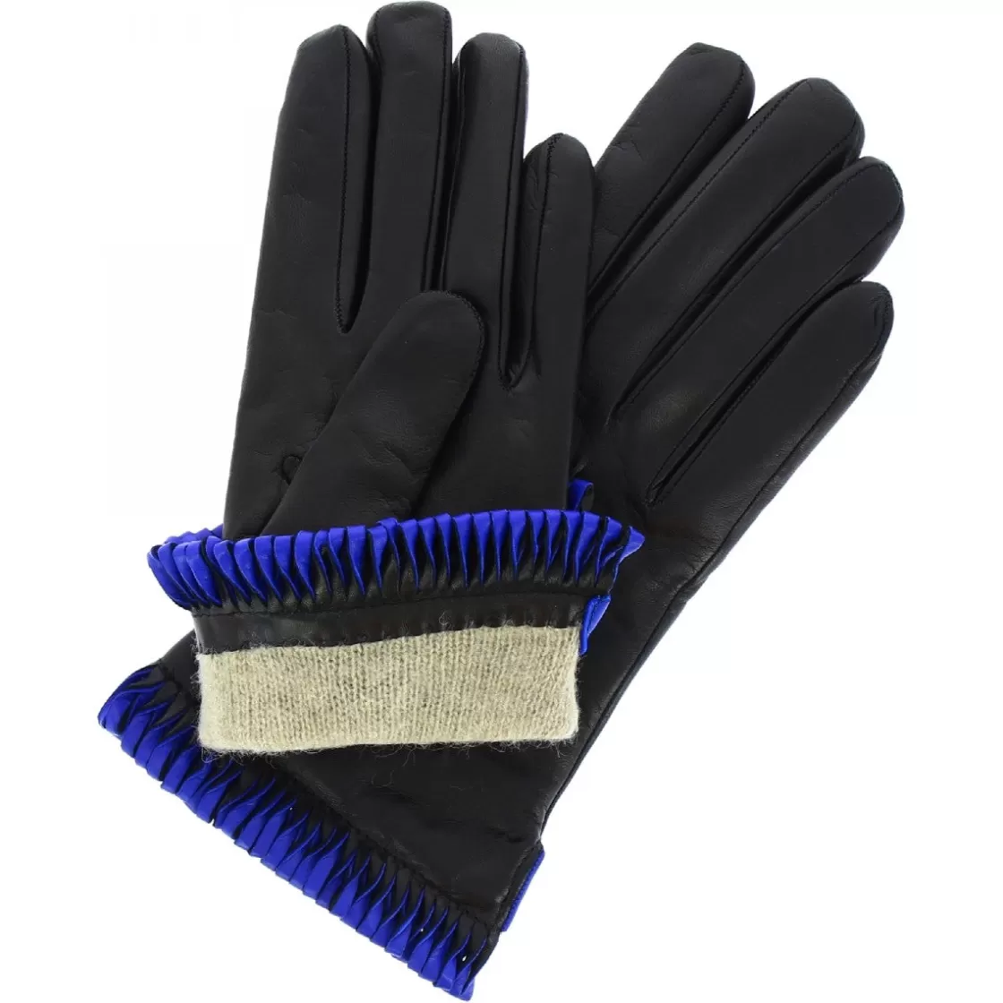 New Leonardo Shoes Guanti Da Donna Fatti A Mano In Nappa Nera Con Bordo Blu