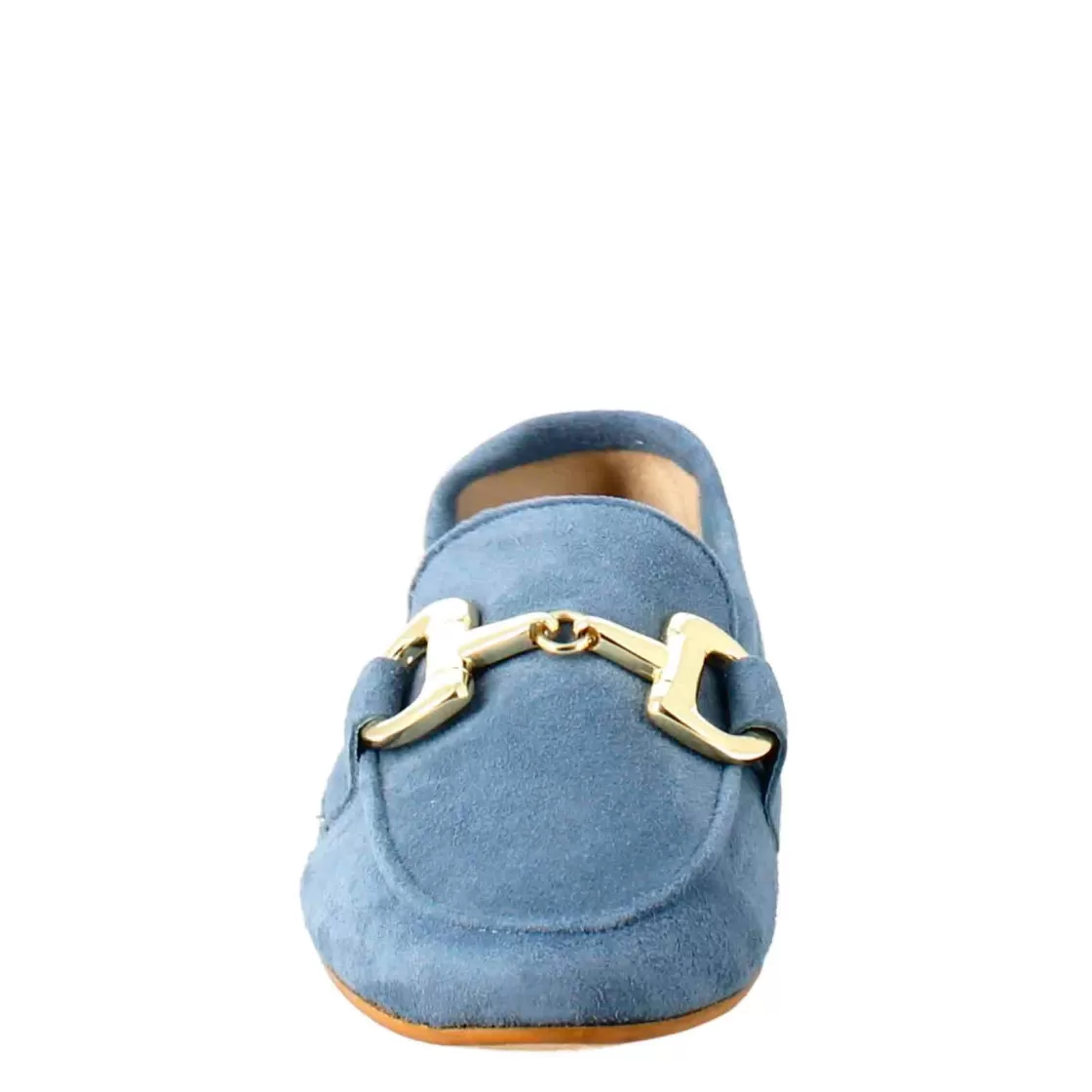Flash Sale Leonardo Shoes Mocassino Da Donna In Pelle Scamosciata Con Fibbia Oro Celeste