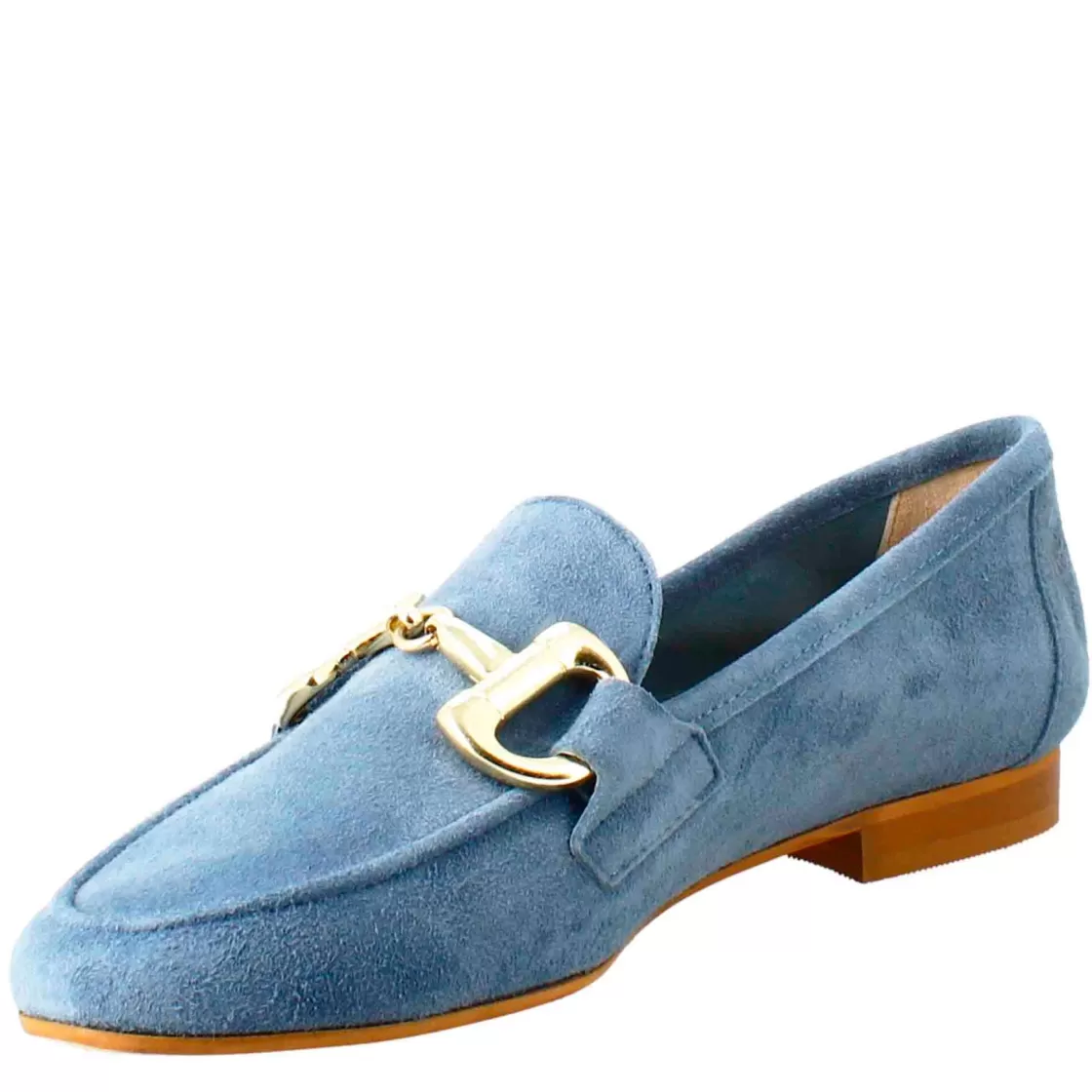 Flash Sale Leonardo Shoes Mocassino Da Donna In Pelle Scamosciata Con Fibbia Oro Celeste