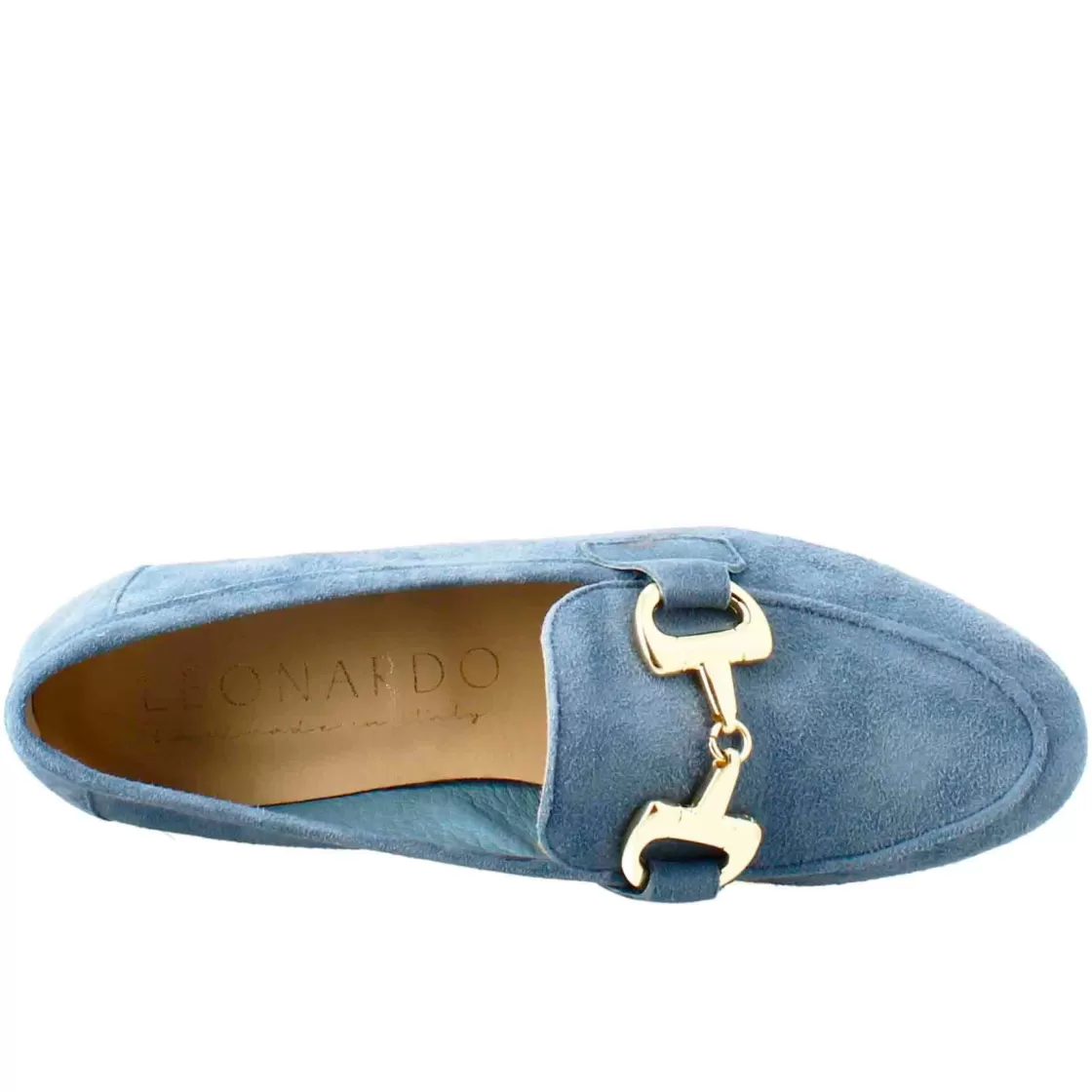 Flash Sale Leonardo Shoes Mocassino Da Donna In Pelle Scamosciata Con Fibbia Oro Celeste