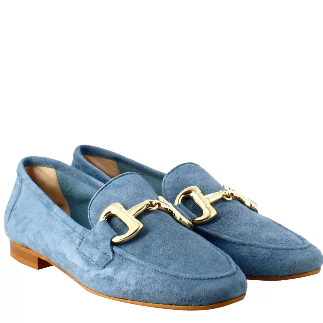 Flash Sale Leonardo Shoes Mocassino Da Donna In Pelle Scamosciata Con Fibbia Oro Celeste