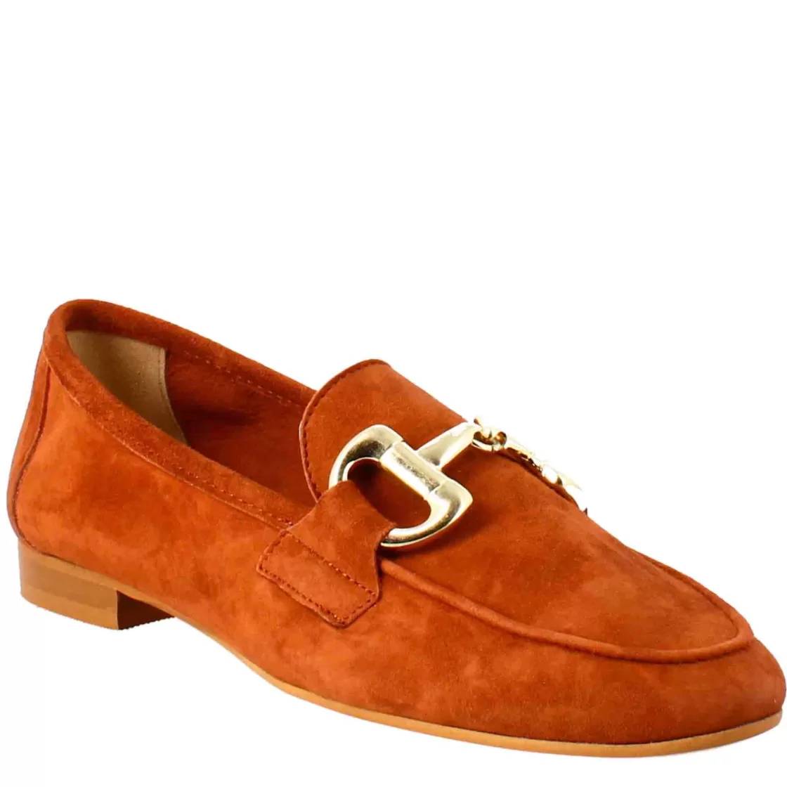 Store Leonardo Shoes Mocassino Da Donna In Pelle Scamosciata Con Fibbia Oro Marrone