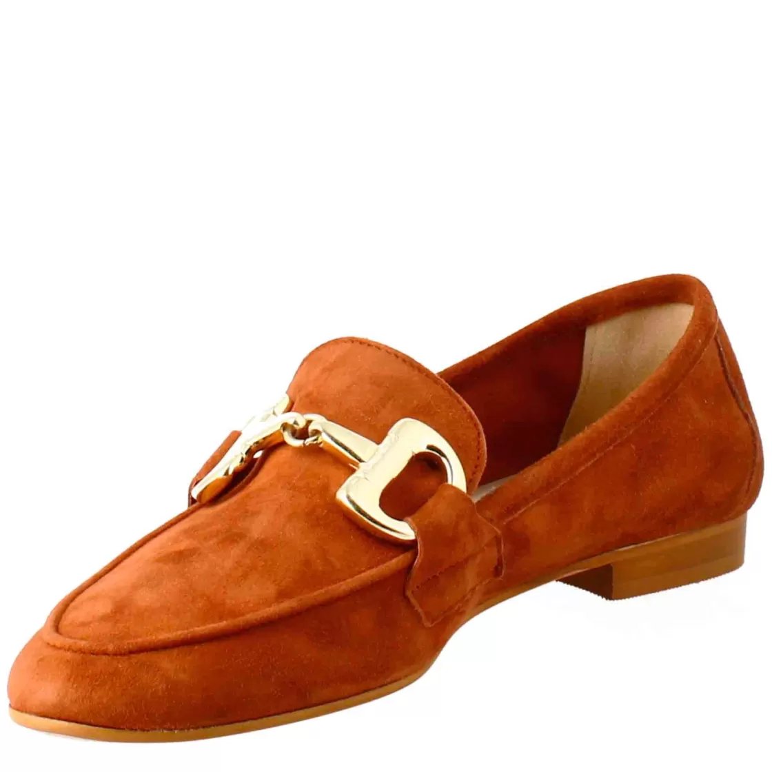 Store Leonardo Shoes Mocassino Da Donna In Pelle Scamosciata Con Fibbia Oro Marrone