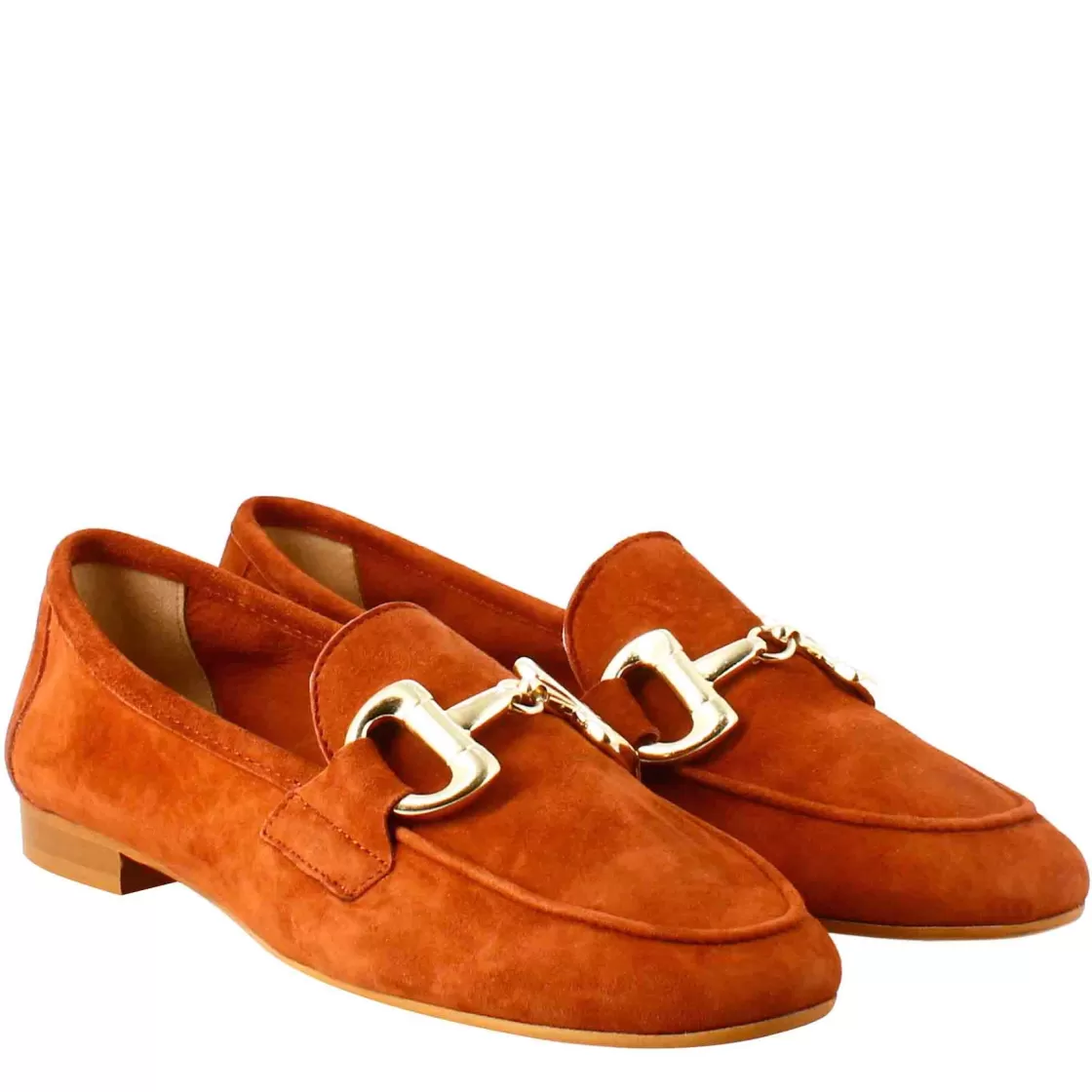 Store Leonardo Shoes Mocassino Da Donna In Pelle Scamosciata Con Fibbia Oro Marrone