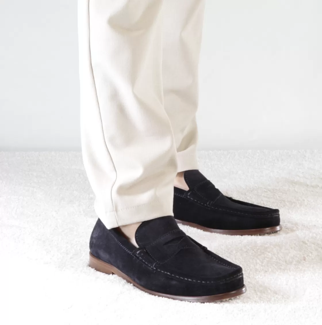 New Leonardo Shoes Mocassino Da Uomo In Camoscio Colore Fatto A Mano Blu Scuro