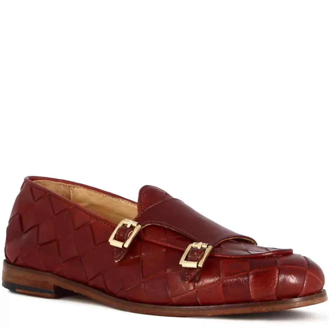 Cheap Leonardo Shoes Mocassino Da Uomo In Pelle Intrecciata Con Doppia Fibbia Colore Rosso