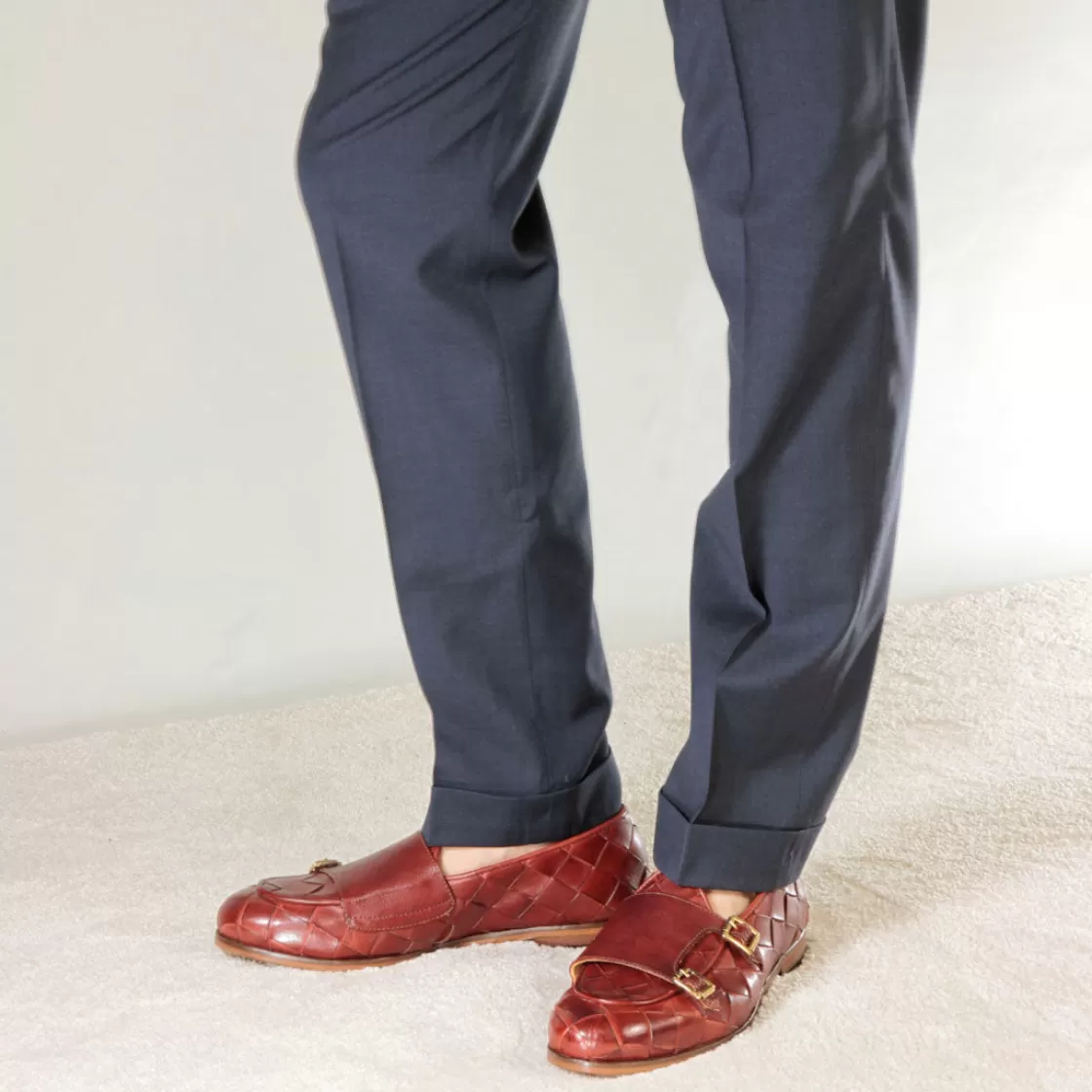 Cheap Leonardo Shoes Mocassino Da Uomo In Pelle Intrecciata Con Doppia Fibbia Colore Rosso