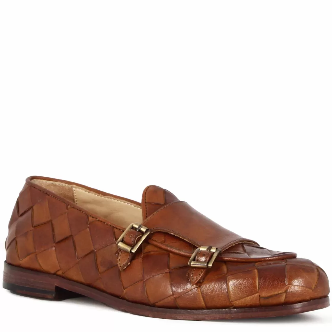 Hot Leonardo Shoes Mocassino Con Dobbia Fibbia Dorata Da Uomo In Pelle Intrecciata Marrone
