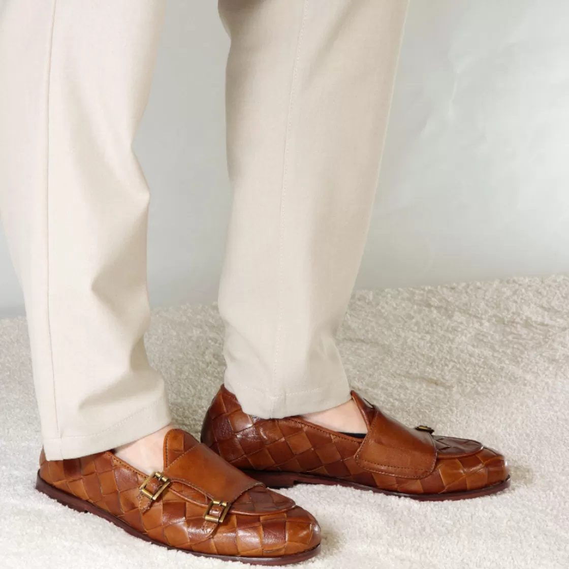 Hot Leonardo Shoes Mocassino Con Dobbia Fibbia Dorata Da Uomo In Pelle Intrecciata Marrone