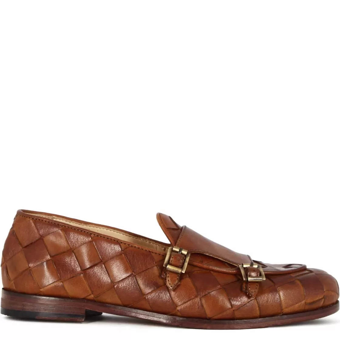Hot Leonardo Shoes Mocassino Con Dobbia Fibbia Dorata Da Uomo In Pelle Intrecciata Marrone