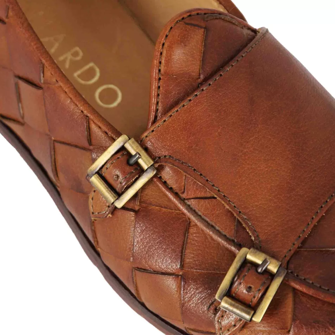 Hot Leonardo Shoes Mocassino Con Dobbia Fibbia Dorata Da Uomo In Pelle Intrecciata Marrone