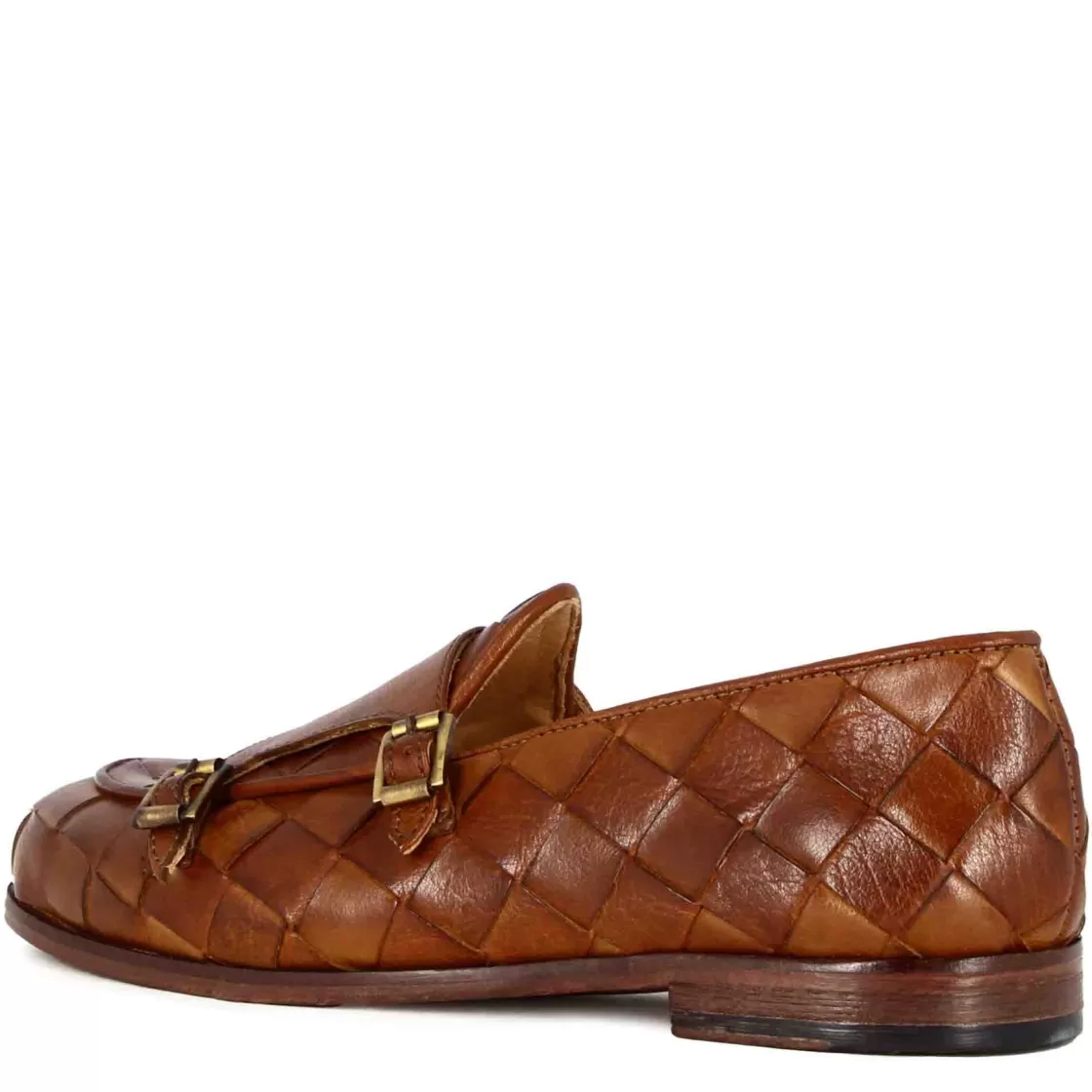 Hot Leonardo Shoes Mocassino Con Dobbia Fibbia Dorata Da Uomo In Pelle Intrecciata Marrone