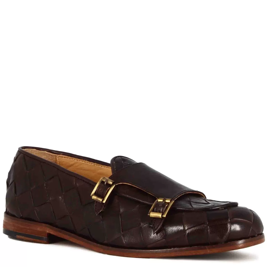 Sale Leonardo Shoes Mocassino Con Doppia Fibbia Dorata Da Uomo In Pelle Intrecciata Marrone Scuro