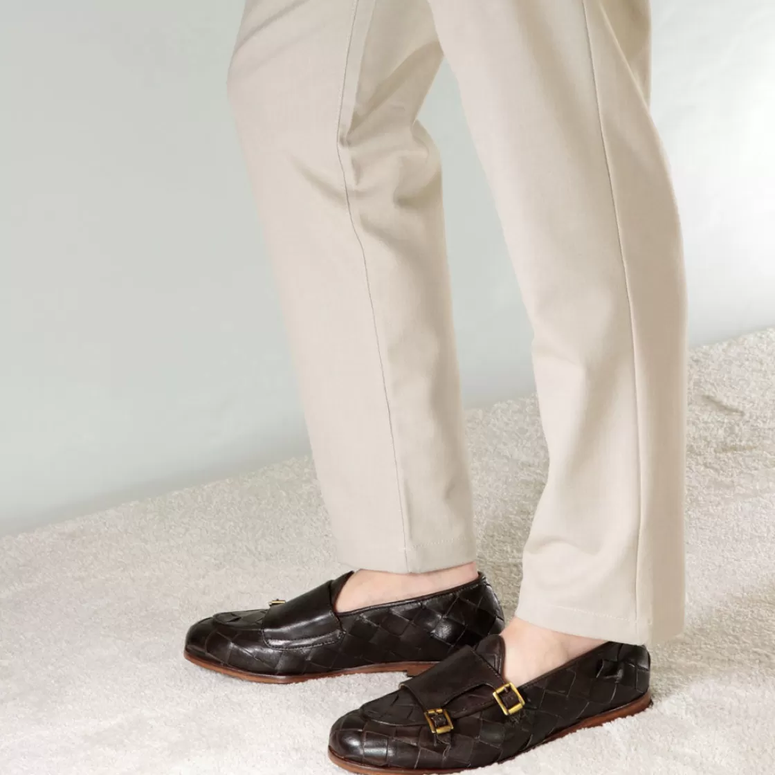 Sale Leonardo Shoes Mocassino Con Doppia Fibbia Dorata Da Uomo In Pelle Intrecciata Marrone Scuro