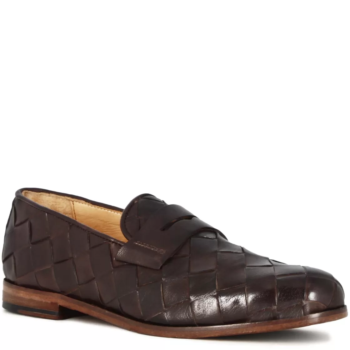 Discount Leonardo Shoes Mocassino Vintage Elegante Da Uomo In Pelle Intrecciata Marrone Scuro