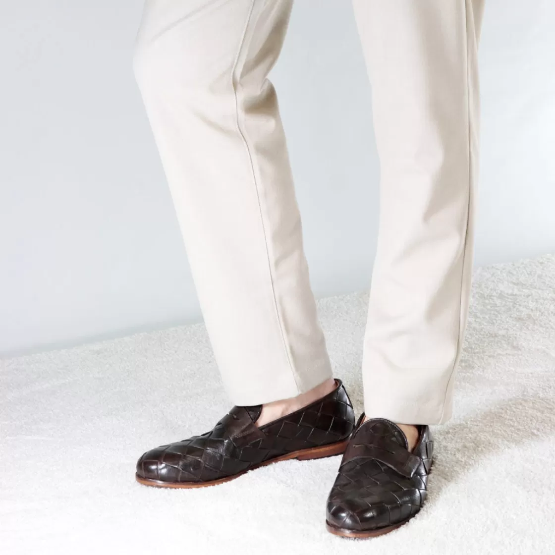 Discount Leonardo Shoes Mocassino Vintage Elegante Da Uomo In Pelle Intrecciata Marrone Scuro