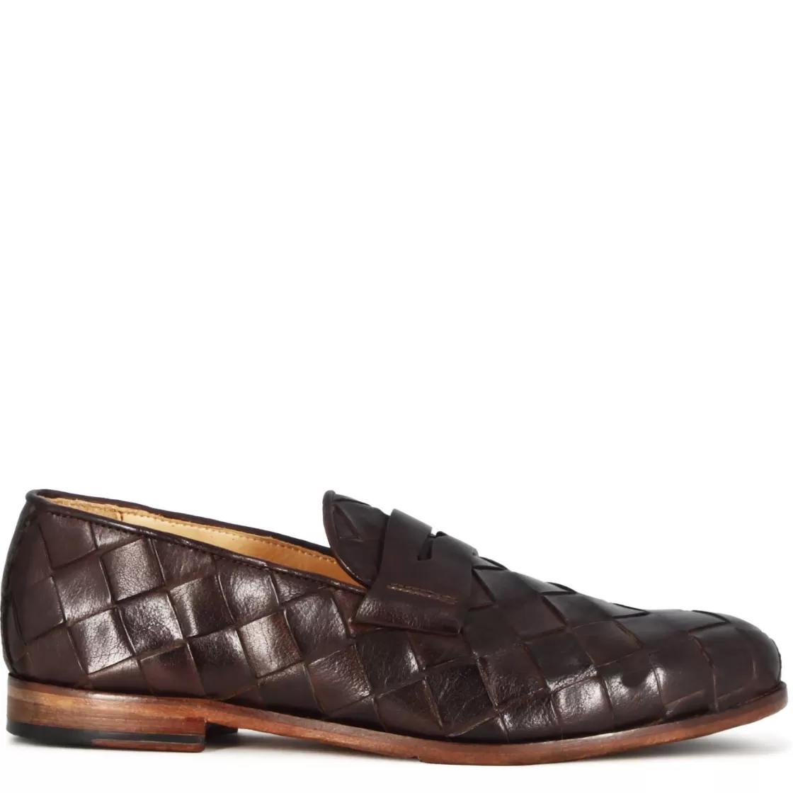 Discount Leonardo Shoes Mocassino Vintage Elegante Da Uomo In Pelle Intrecciata Marrone Scuro