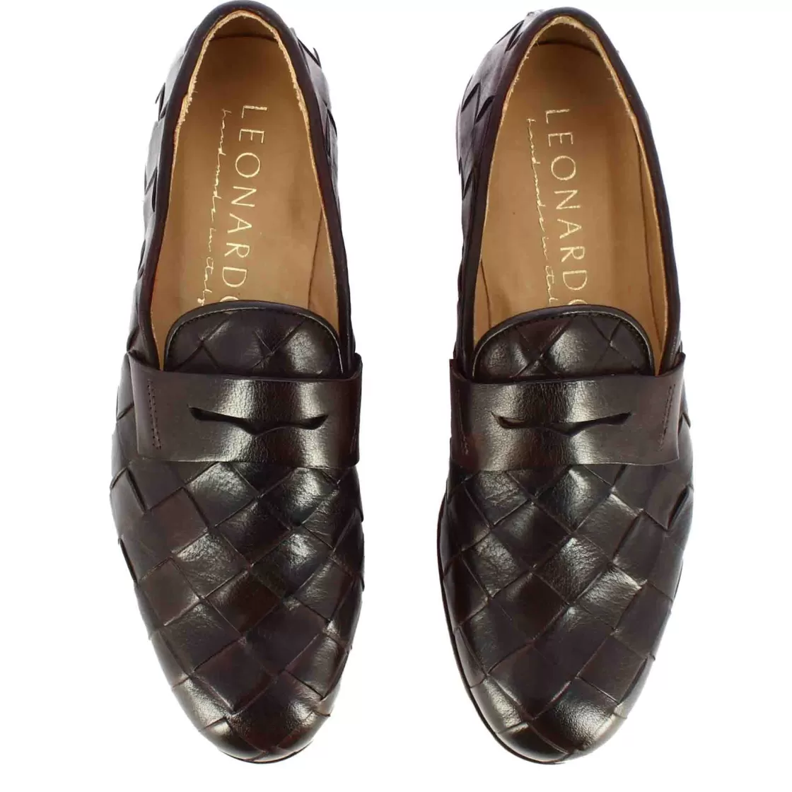 Discount Leonardo Shoes Mocassino Vintage Elegante Da Uomo In Pelle Intrecciata Marrone Scuro
