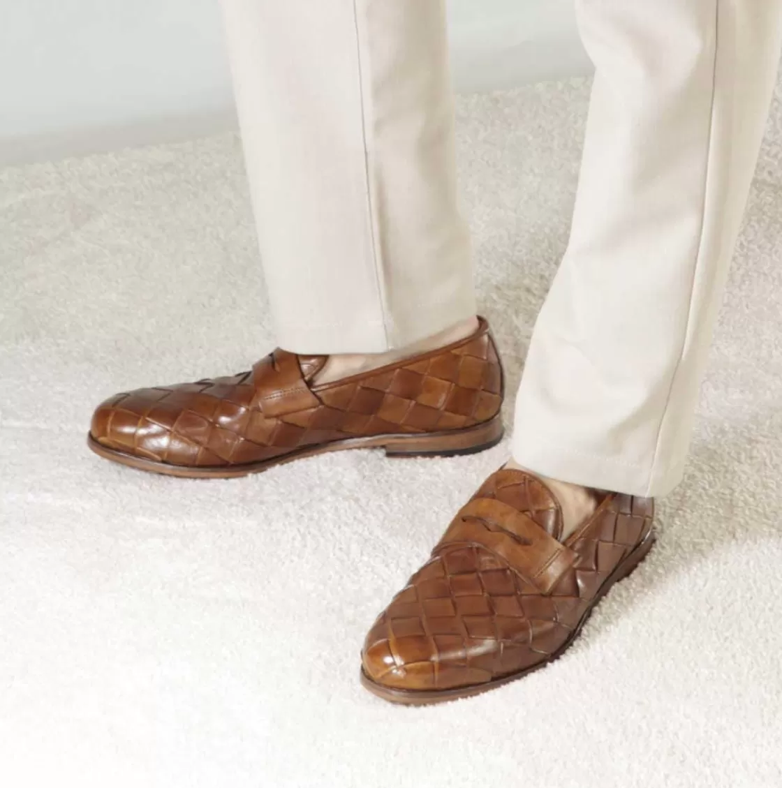 Hot Leonardo Shoes Mocassino Vintage Elegante Da Uomo In Pelle Intrecciata Marrone