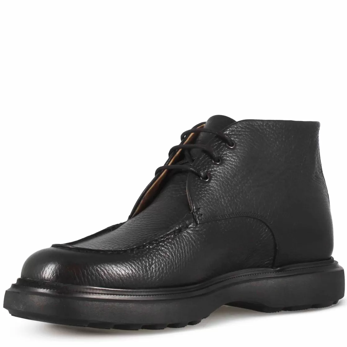 Fashion Leonardo Shoes Polacchino Allacciato Da Uomo In Pelle Martellata Nera E Suola In Vibram Nero
