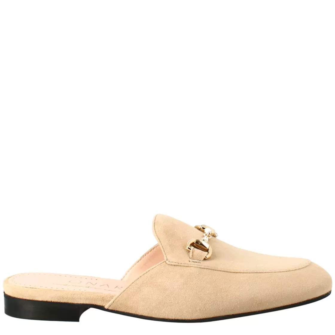 Discount Leonardo Shoes Sabot Da Donna In Pelle Scamosciata Con Fibbia Oro Beige