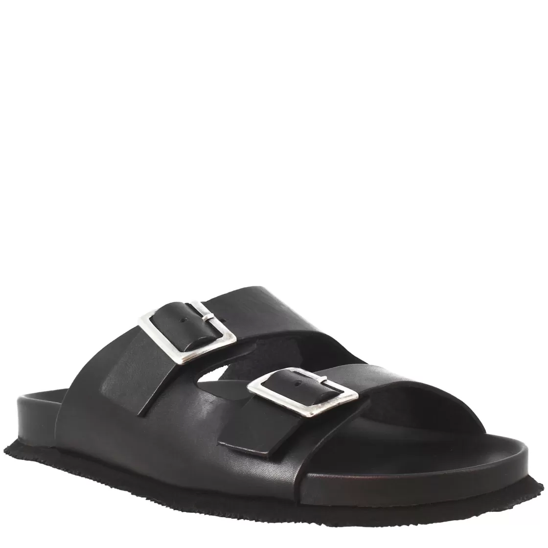 New Leonardo Shoes Sandali Doppia Fibbia Neri Da Uomo In Pelle Aperti Dietro Nero