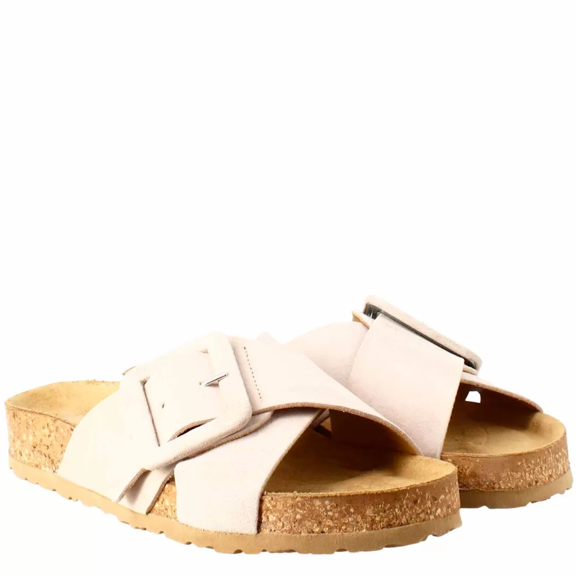 Cheap Leonardo Shoes Sandalo Doppia Fascia E Fibbia Da Donna In Pelle Scamosciata Beige
