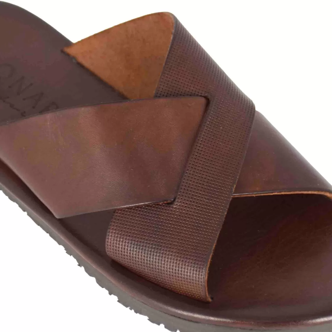 Fashion Leonardo Shoes Sandalo Slider Con Fasce Incrociate Da Uomo In Pelle Colore Marrone