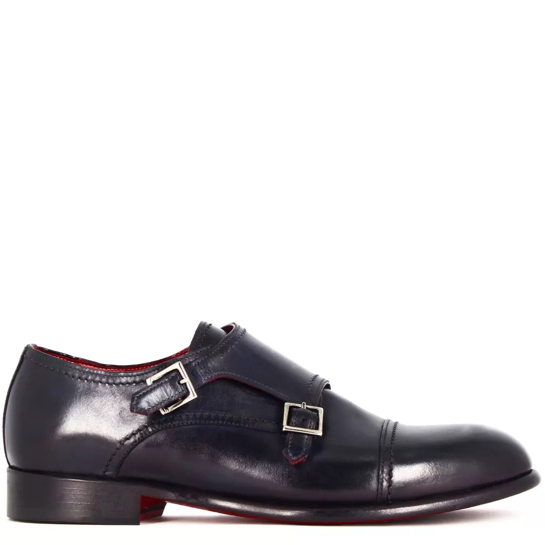 Best Sale Leonardo Shoes Scarpa Con Doppia Fibbia Da Uomo In Pelle Liscia Colore Blu Scuro