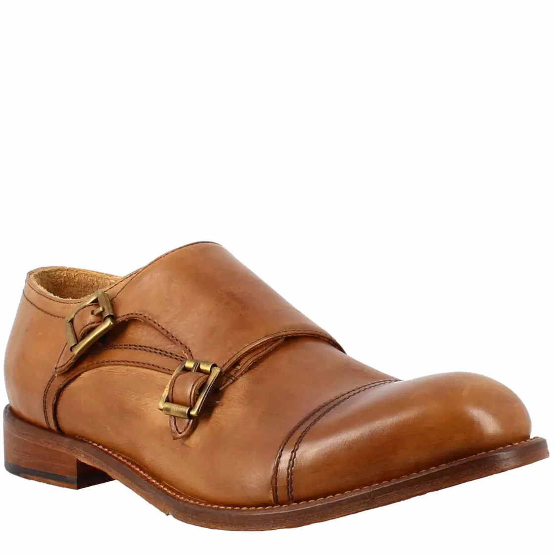 Outlet Leonardo Shoes Scarpa Doppia Fibbia Beige Vintage Elegante Da Uomo In Pelle Marrone Chiaro