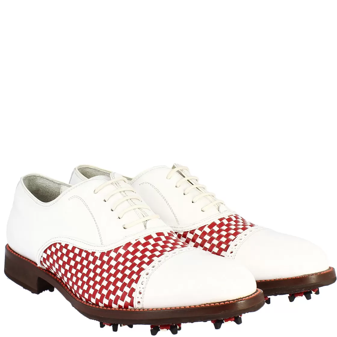 Sale Leonardo Shoes Scarpe Classiche Da Golf Donna Artigianali In Pelle Bianca Rossa Rosso