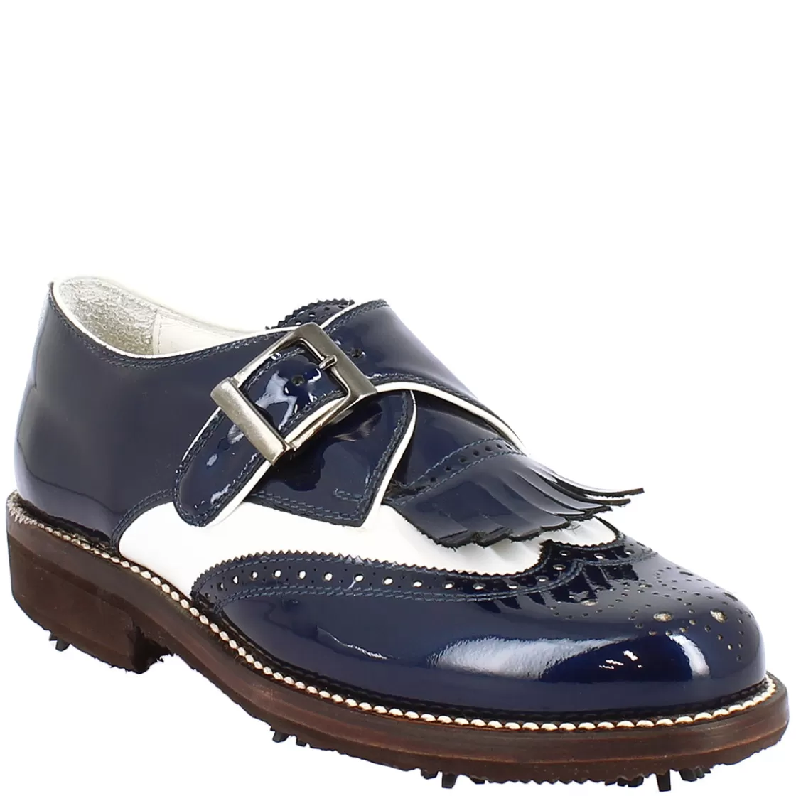 New Leonardo Shoes Scarpe Con Fibbia Da Golf Donna In Pelle Bianca E Vernice Blu