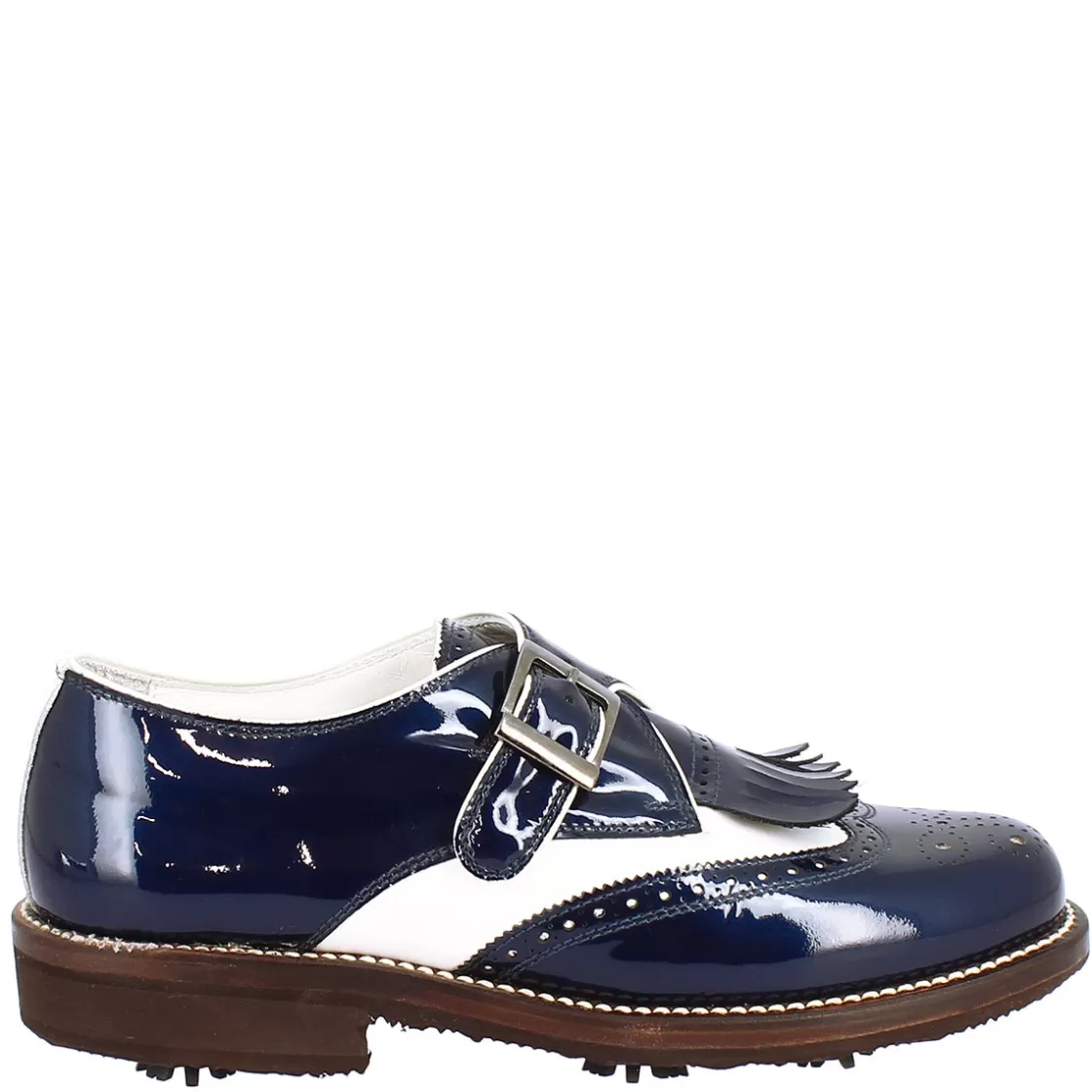 New Leonardo Shoes Scarpe Con Fibbia Da Golf Donna In Pelle Bianca E Vernice Blu