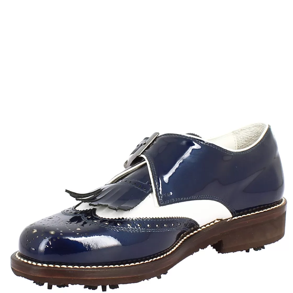 New Leonardo Shoes Scarpe Con Fibbia Da Golf Donna In Pelle Bianca E Vernice Blu