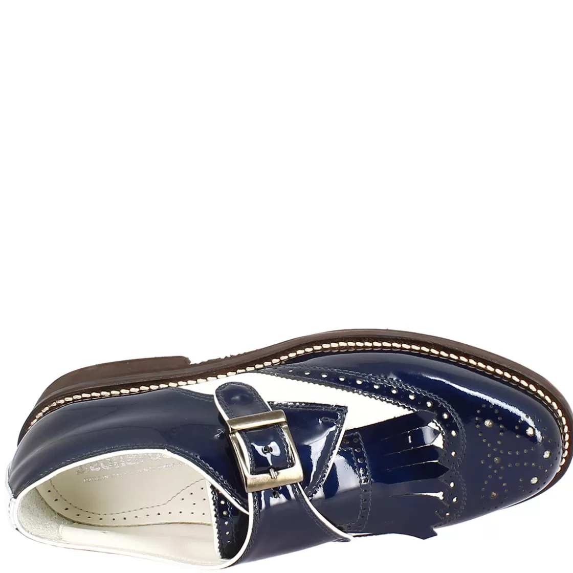 New Leonardo Shoes Scarpe Con Fibbia Da Golf Donna In Pelle Bianca E Vernice Blu