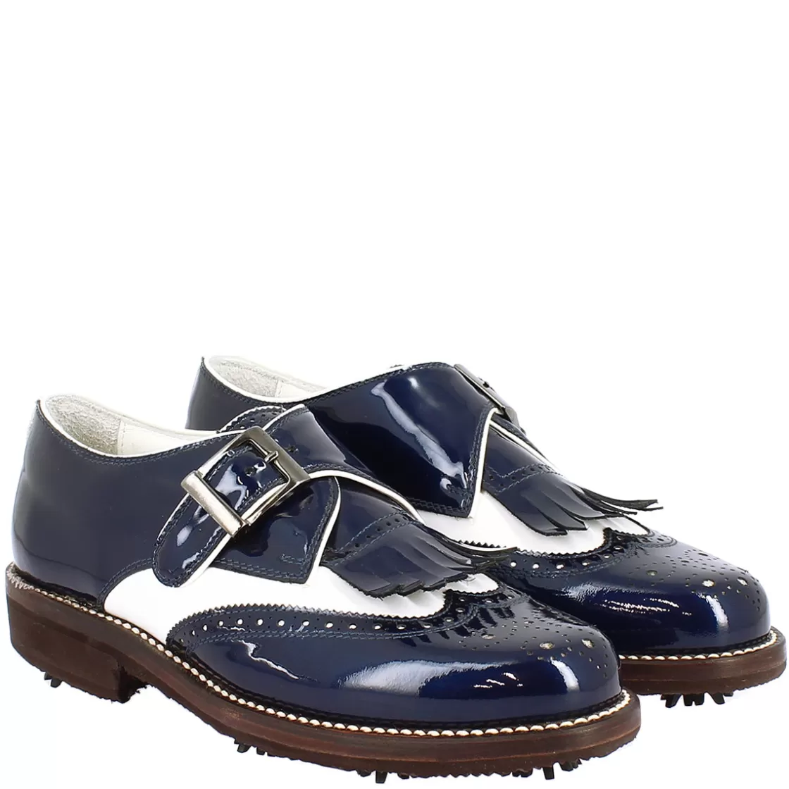 New Leonardo Shoes Scarpe Con Fibbia Da Golf Donna In Pelle Bianca E Vernice Blu