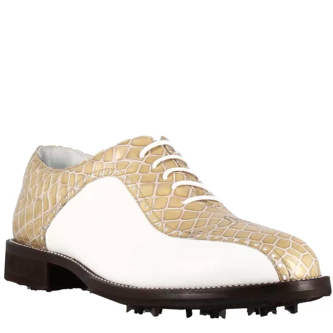 Clearance Leonardo Shoes Scarpe Da Golf Donna In Pelle Bicolore Bianca E Con Stampa Cocco Beige