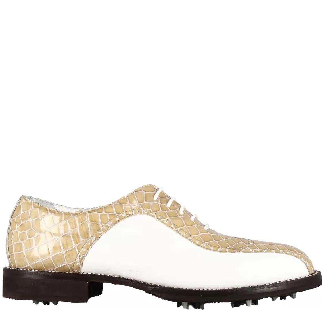 Clearance Leonardo Shoes Scarpe Da Golf Donna In Pelle Bicolore Bianca E Con Stampa Cocco Beige