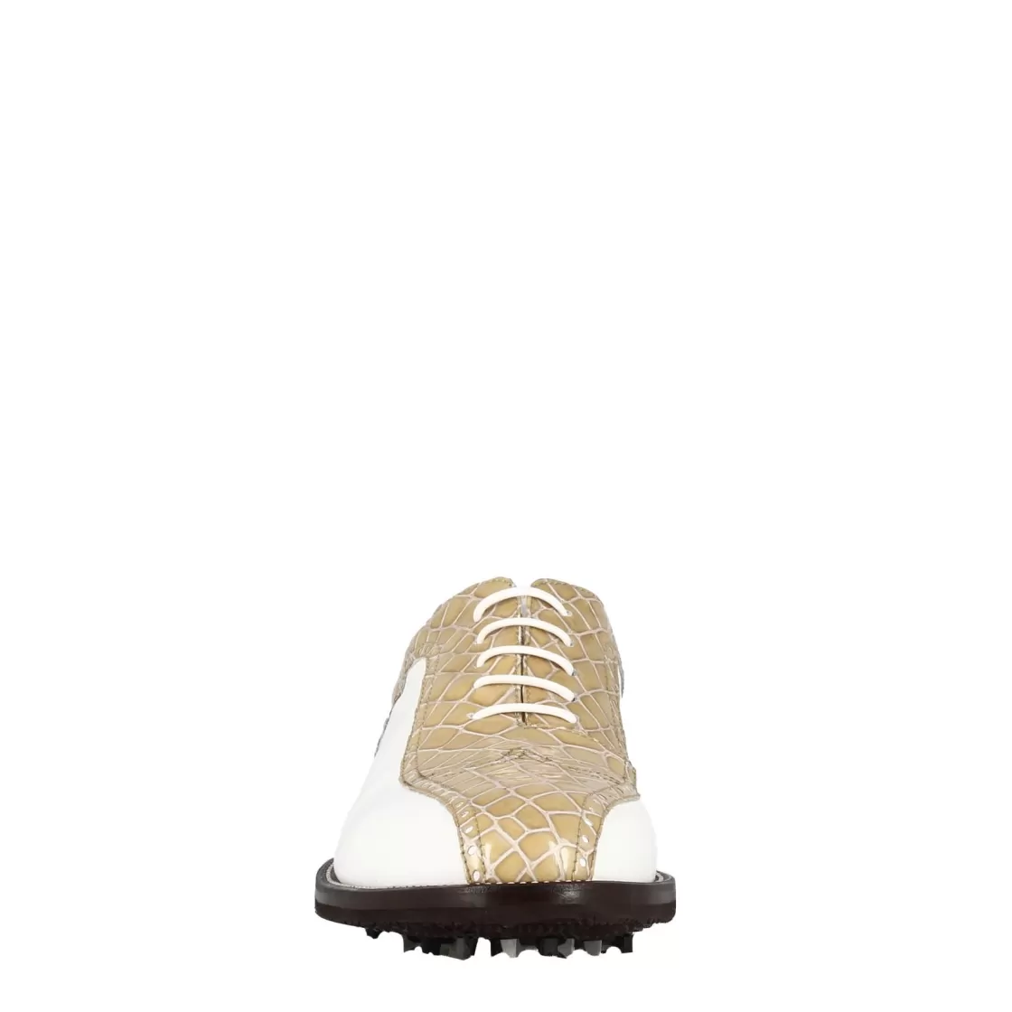 Clearance Leonardo Shoes Scarpe Da Golf Donna In Pelle Bicolore Bianca E Con Stampa Cocco Beige