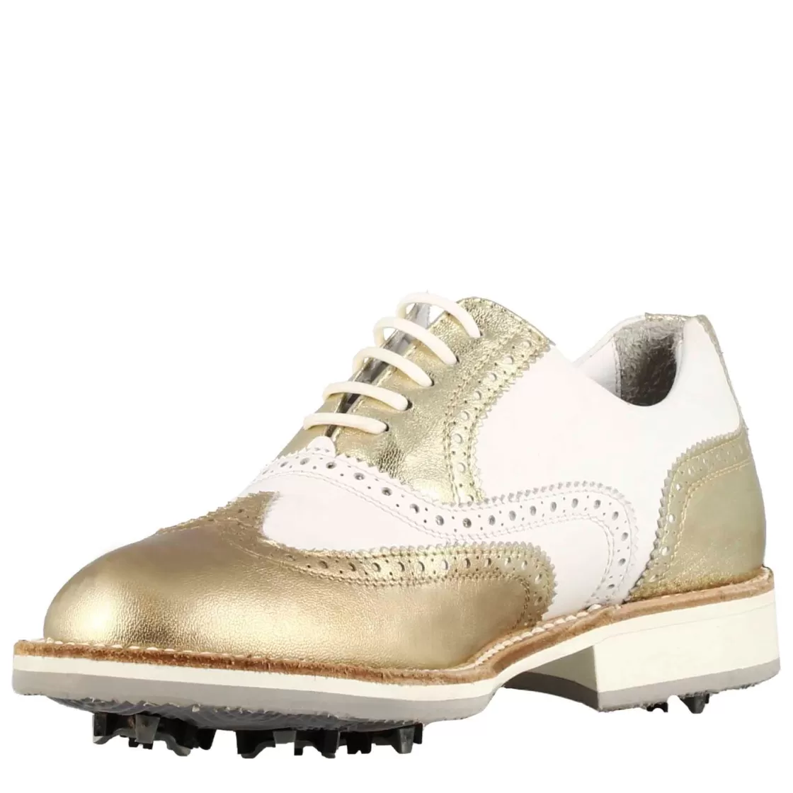 Fashion Leonardo Shoes Scarpe Da Golf Uomo Artigianali In Pelle Bianca Con Dettagli Colore Oro Bianco
