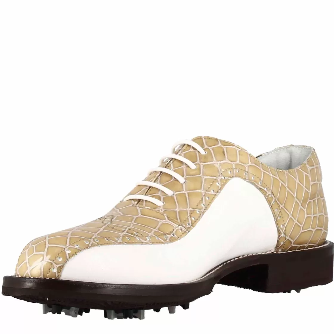 Flash Sale Leonardo Shoes Scarpe Da Golf Uomo In Pelle Bicolore Bianca E Con Stampa Cocco Beige