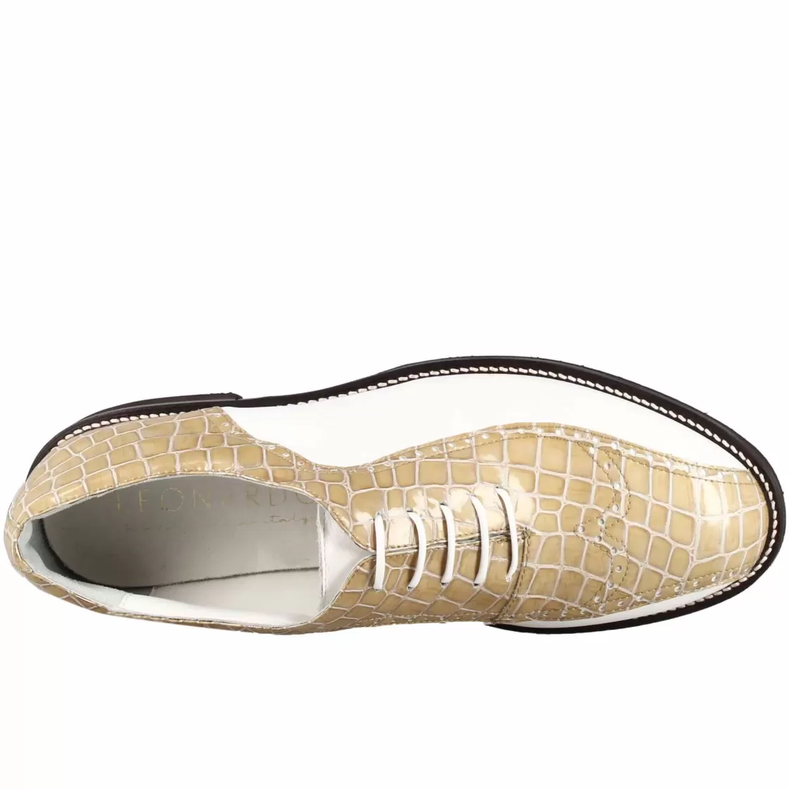 Flash Sale Leonardo Shoes Scarpe Da Golf Uomo In Pelle Bicolore Bianca E Con Stampa Cocco Beige