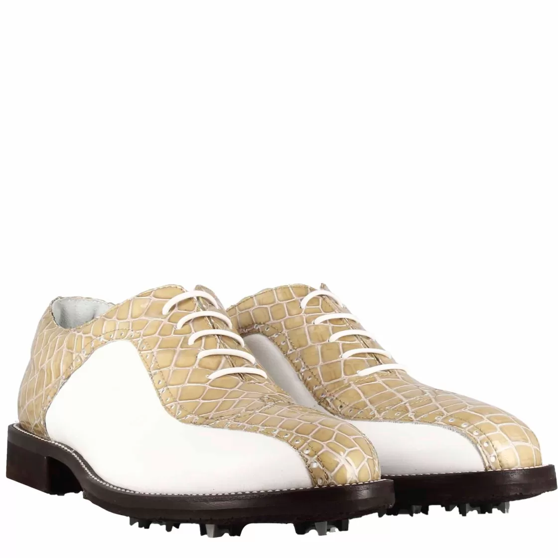 Flash Sale Leonardo Shoes Scarpe Da Golf Uomo In Pelle Bicolore Bianca E Con Stampa Cocco Beige