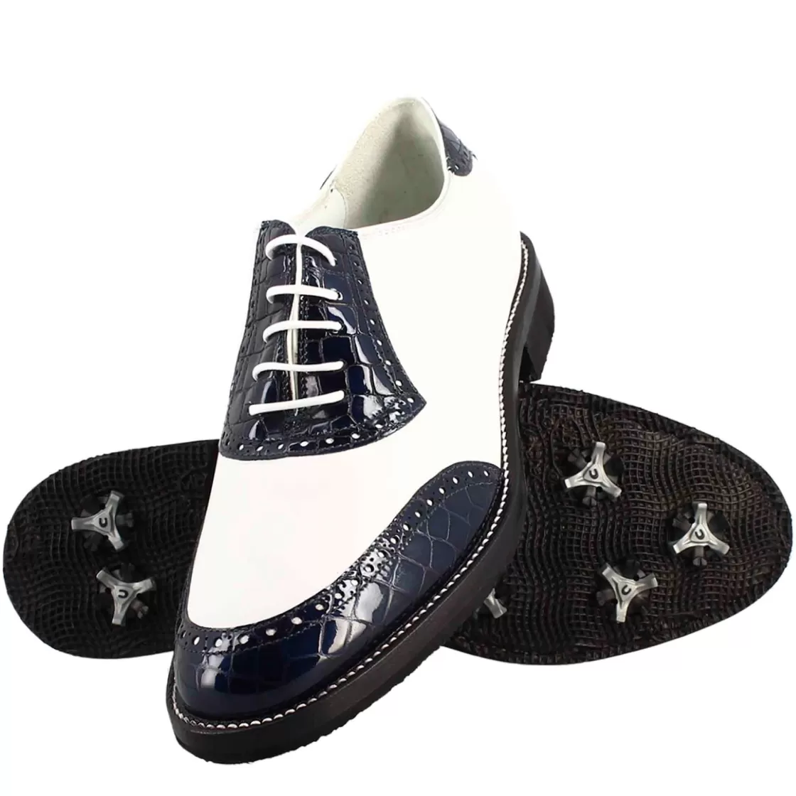 Clearance Leonardo Shoes Scarpe Golf Da Donna Artigianali In Pelle E Cocco Blu Bianco